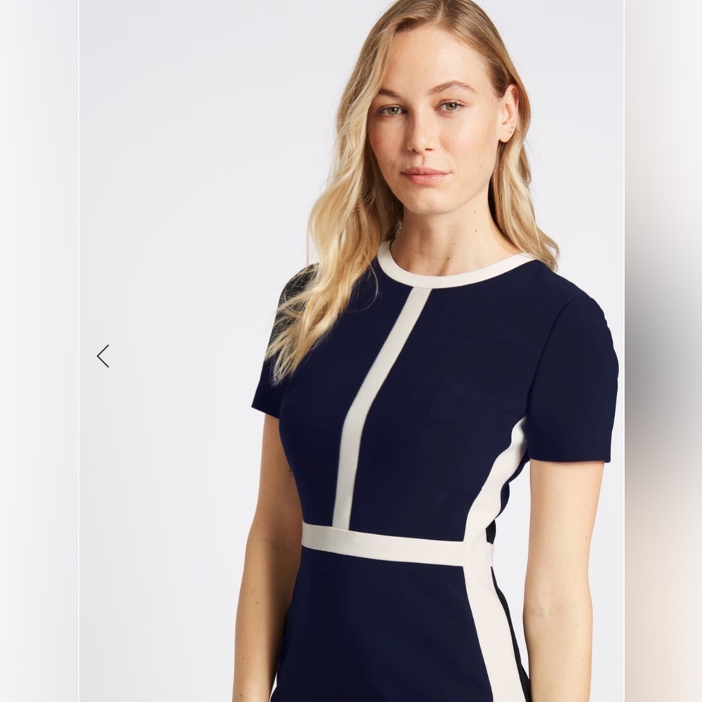 M&S Collection Navy & Cream Color Block Sheath Midi Dress Size 14 (US 10)